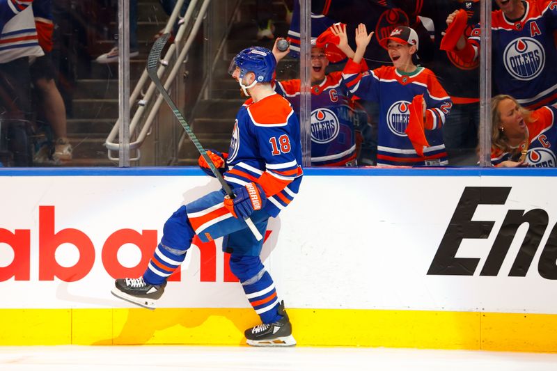 May 25, 2025; Edmonton, Alberta, CAN; Edmonton Oilers left wing Zach Hyman (18) celebrates after he scores a goal against the Dallas Stars during the third period in game three of the Western Conference Final of the 2025 Stanley Cup Playoffs at Rogers Place. Mandatory Credit: Perry Nelson-Imagn Images