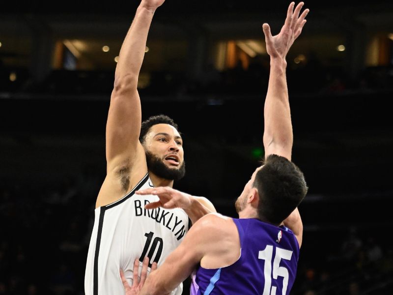 SALT LAKE CITY, UTAH - JANUARY 12: Ben Simmons #10 of the Brooklyn Nets shoots over Drew Eubanks #15 of the Utah Jazz during overtime a game at Delta Center on January 12, 2025 in Salt Lake City, Utah. NOTE TO USER: User expressly acknowledges and agrees that, by downloading and or using this photograph, User is consenting to the terms and conditions of the Getty Images License Agreement.   (Photo by Alex Goodlett/Getty Images)