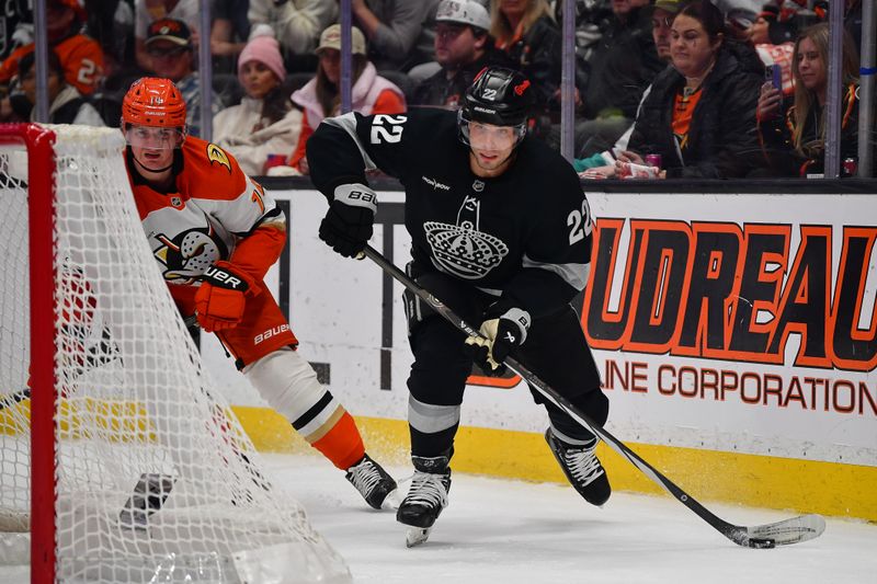 Jan 17, 2026; Anaheim, California, USA; Los Angeles Kings left wing Kevin Fiala (22) controls the puck against the Anaheim Ducks during the third period at Honda Center. Mandatory Credit: Gary A. Vasquez-Imagn Images