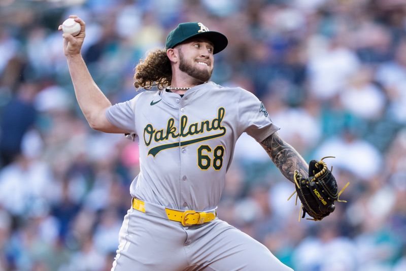 May 11, 2024; Seattle, Washington, USA; Oakland Athletics starter Joey Estes (68) delivers a pitch during the first inning against the Seattle Mariners at T-Mobile Park. Mandatory Credit: Stephen Brashear-USA TODAY Sports