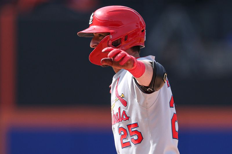 Apr 20, 2025; New York City, New York, USA; St. Louis Cardinals second baseman Thomas Saggese (25) reacts after hitting a two run double during the seventh inning against the New York Mets at Citi Field. Mandatory Credit: Vincent Carchietta-Imagn Images