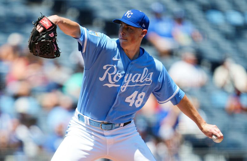 Jul 30, 2023; Kansas City, Missouri, USA; Kansas City Royals starting pitcher Ryan Yarbrough (48) pitches during the first inning against the Minnesota Twins at Kauffman Stadium. Mandatory Credit: Jay Biggerstaff-USA TODAY Sports