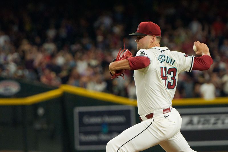 Jun 28, 2024; Phoenix, Arizona, USA; Arizona Diamondbacks pitcher Slade Cecconi (43) throws in the fourth inning against the Oakland Athletics at Chase Field. Mandatory Credit: Allan Henry-USA TODAY Sports
