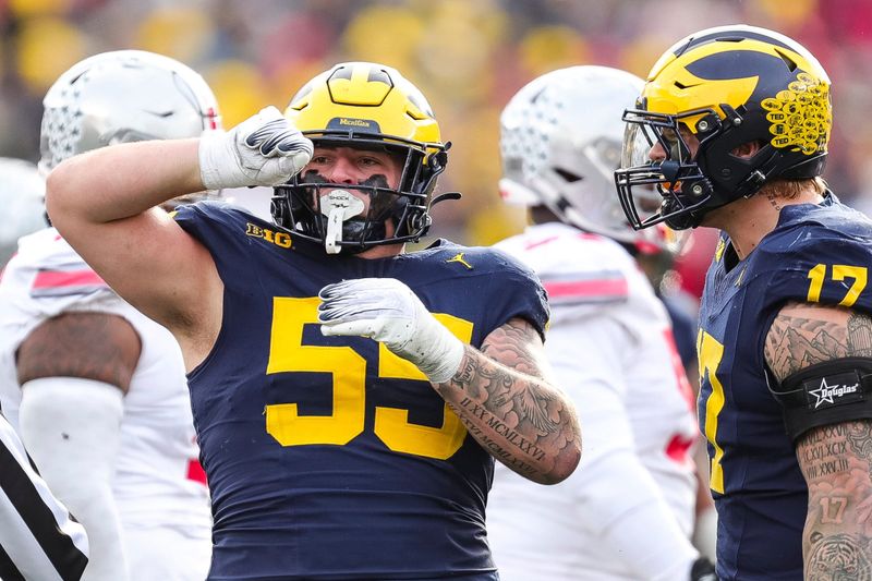 Nov 25, 2023; Ann Arbor, MI, USA;  Michigan defensive lineman Mason Graham celebrates a tackle against Ohio State during the second half at Michigan Stadium in Ann Arbor on Saturday, Nov. 25, 2023. Mandatory Credit: Junfu Han-USA TODAY Sports