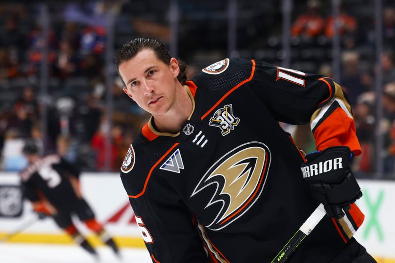 Feb 9, 2024; Anaheim, California, USA; Anaheim Ducks center Ryan Strome (16) looks on before a game against the Edmonton Oilers at Honda Center. Mandatory Credit: Jessica Alcheh-USA TODAY Sports