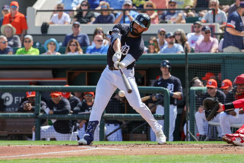 Mar 4, 2024; Lakeland, Florida, USA; Detroit Tigers left fielder Riley Greene (31) bats during the first inning against the Boston Red Sox at Publix Field at Joker Marchant Stadium. Mandatory Credit: Mike Watters-USA TODAY Sports