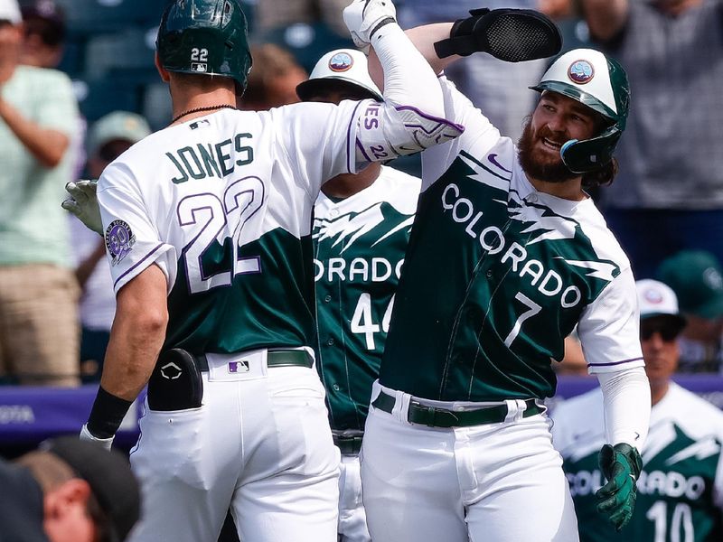 Aug 16, 2023; Denver, Colorado, USA; Colorado Rockies right fielder Nolan Jones (22) celebrates his two run home run with second baseman Brendan Rodgers (7) in the sixth inning against the Arizona Diamondbacks at Coors Field. Mandatory Credit: Isaiah J. Downing-USA TODAY Sports