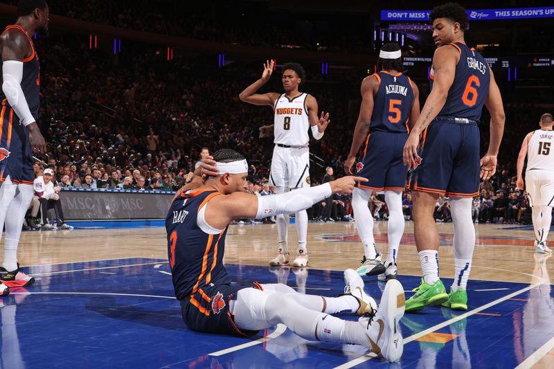 NEW YORK, NY - JANUARY 25: Josh Hart #3 of the New York Knicks celebrates during the game against the Denver Nuggets on January 25, 2024 at Madison Square Garden in New York City, New York.  NOTE TO USER: User expressly acknowledges and agrees that, by downloading and or using this photograph, User is consenting to the terms and conditions of the Getty Images License Agreement. Mandatory Copyright Notice: Copyright 2024 NBAE  (Photo by Nathaniel S. Butler/NBAE via Getty Images)