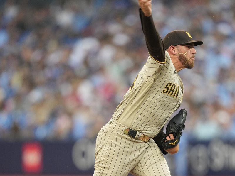 Jul 18, 2023; Toronto, Ontario, CAN; San Diego Padres starting pitcher Joe Musgrove (44) pitches to the Toronto Blue Jays  during the first inning at Rogers Centre. Mandatory Credit: John E. Sokolowski-USA TODAY Sports