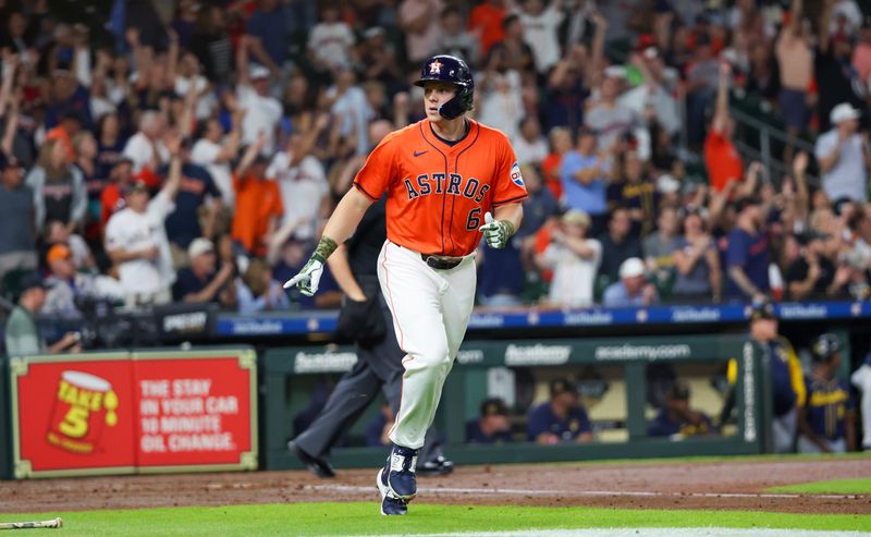 May 17, 2024; Houston, Texas, USA; Houston Astros center fielder Jake Meyers (6) beats after hitting a two-run home run against the Milwaukee Brewers in the second inning at Minute Maid Park. Mandatory Credit: Thomas Shea-USA TODAY Sports