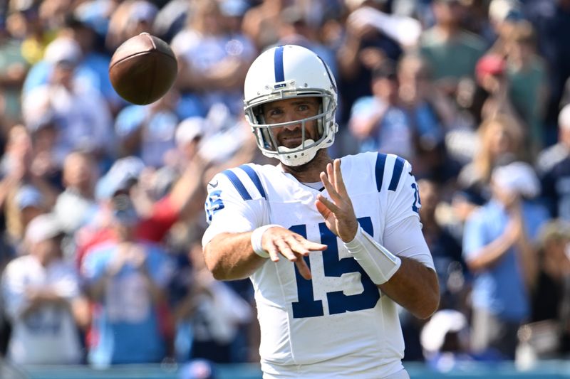 Indianapolis Colts quarterback Joe Flacco throws during the first half of an NFL football game against the Tennessee Titans, Sunday, Oct. 13, 2024, in Nashville, Tenn. (AP Photo/John Amis)