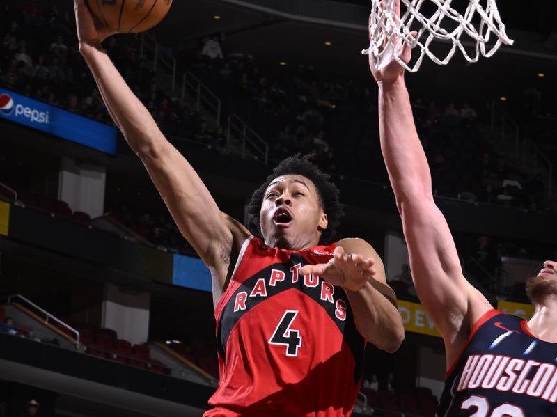 HOUSTON, TX - FEBRUARY 3: Scottie Barnes #4 of the Toronto Raptors drives to the basket during the game against the Houston Rockets on February 3, 2023 at the Toyota Center in Houston, Texas. NOTE TO USER: User expressly acknowledges and agrees that, by downloading and or using this photograph, User is consenting to the terms and conditions of the Getty Images License Agreement. Mandatory Copyright Notice: Copyright 2023 NBAE (Photo by Logan Riely/NBAE via Getty Images)