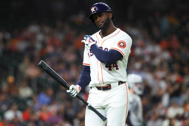 Apr 29, 2025; Houston, Texas, USA; Houston Astros designated hitter Yordan Alvarez (44) reacts after flying out during the sixth inning against the Detroit Tigers at Daikin Park. Mandatory Credit: Troy Taormina-Imagn Images