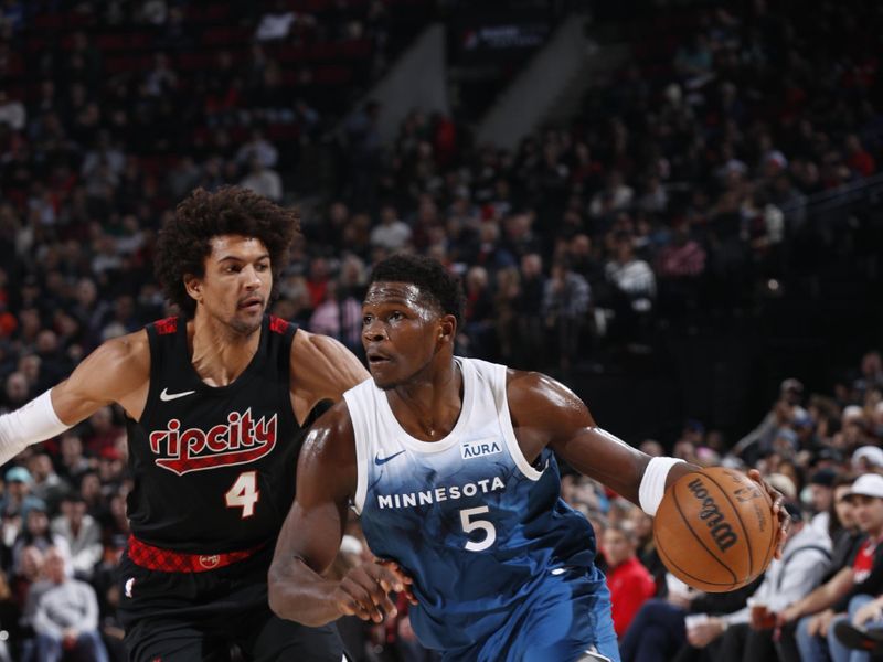 PORTLAND, OR - FEBRUARY 15: Anthony Edwards #5 of the Minnesota Timberwolves drives to the basket during the game against the Portland Trail Blazers on February 15, 2024 at the Moda Center Arena in Portland, Oregon. NOTE TO USER: User expressly acknowledges and agrees that, by downloading and or using this photograph, user is consenting to the terms and conditions of the Getty Images License Agreement. Mandatory Copyright Notice: Copyright 2024 NBAE (Photo by Cameron Browne/NBAE via Getty Images)