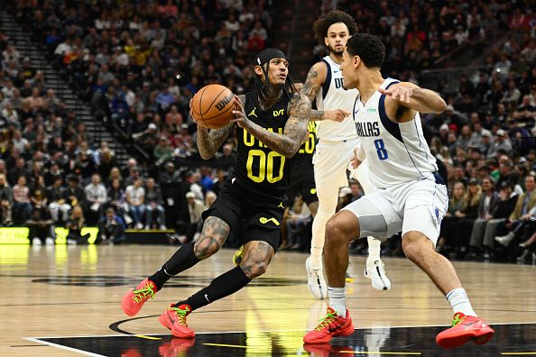 SALT LAKE CITY, UTAH - JANUARY 01: Jordan Clarkson #00 of the Utah Jazz in action during a game against the Dallas Mavericks at Delta Center on January 01, 2024 in Salt Lake City, Utah. NOTE TO USER: User expressly acknowledges and agrees that, by downloading and or using this photograph, User is consenting to the terms and conditions of the Getty Images License Agreement. (Photo by Alex Goodlett/Getty Images)