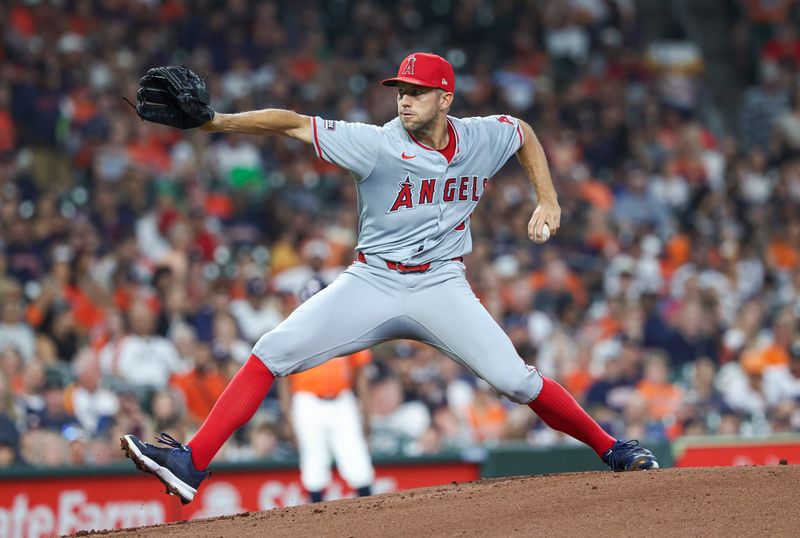 Sep 20, 2024; Houston, Texas, USA; Los Angeles Angels starting pitcher Tyler Anderson (31) delivers a pitch during the first inning against the Houston Astros at Minute Maid Park. Mandatory Credit: Troy Taormina-Imagn Images