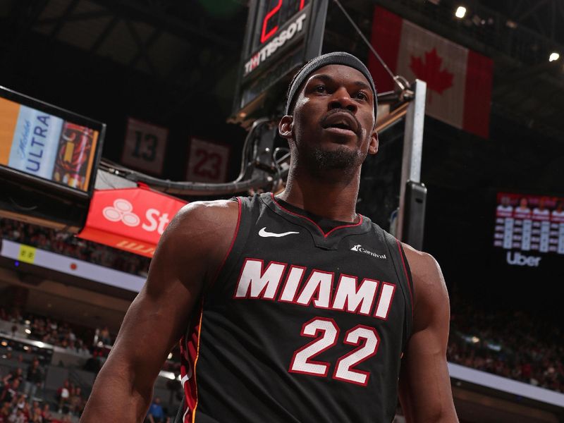 MIAMI, FL - MARCH 2: Jimmy Butler #22 of the Miami Heat looks on during the game against the Utah Jazz on March 2, 2024 at Kaseya Center in Miami, Florida. NOTE TO USER: User expressly acknowledges and agrees that, by downloading and or using this Photograph, user is consenting to the terms and conditions of the Getty Images License Agreement. Mandatory Copyright Notice: Copyright 2024 NBAE (Photo by Issac Baldizon/NBAE via Getty Images)