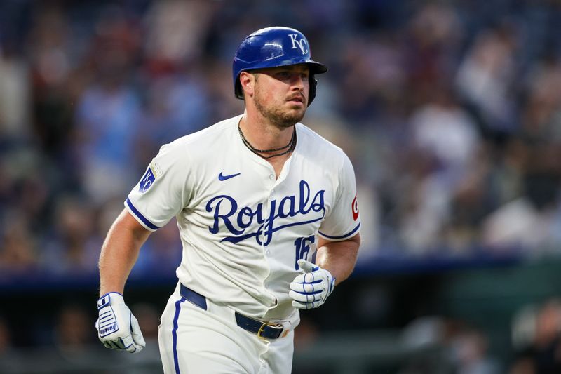 Jun 24, 2024; Kansas City, Missouri, USA; Kansas City Royals outfielder Hunter Renfroe (16) rounds the bases during the sixth inning after hitting a home run against the Miami Marlins at Kauffman Stadium. Mandatory Credit: William Purnell-USA TODAY Sports