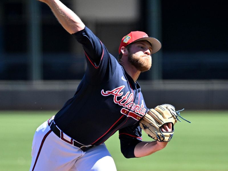 Feb 25, 2026; North Port, Florida, USA;  Atlanta Braves starting pitcher Bryce Elder (55) throws a pitch in the first inning against the Pittsburgh Pirates during spring training at CoolToday Park. Mandatory Credit: Jonathan Dyer-Imagn Images