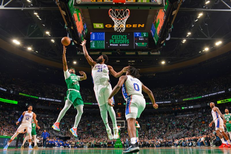 BOSTON, MA - MAY 3: Marcus Smart #36 of the Boston Celtics goes to the basket during the game during Round 2 Game 2 of the Eastern Conference Semi-Finals 2023 NBA Playoffs on May 3, 2023 at the TD Garden in Boston, Massachusetts. NOTE TO USER: User expressly acknowledges and agrees that, by downloading and or using this photograph, User is consenting to the terms and conditions of the Getty Images License Agreement. Mandatory Copyright Notice: Copyright 2023 NBAE  (Photo by Jesse D. Garrabrant/NBAE via Getty Images)