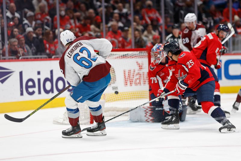 Feb 13, 2024; Washington, District of Columbia, USA; Colorado Avalanche left wing Artturi Lehkonen (62) scores a goal on Washington Capitals goaltender Charlie Lindgren (79) as Capitals defenseman Ethan Bear (25) defends in the second period at Capital One Arena. Mandatory Credit: Geoff Burke-USA TODAY Sports