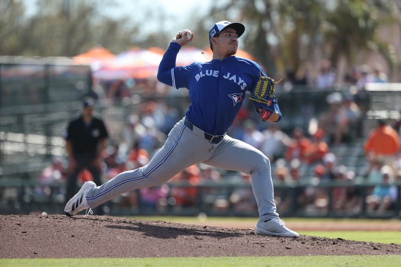 Feb 27, 2025; Sarasota, Florida, USA; Toronto Blue Jays pitcher Eric Pardinho (71) throws a pitch during the fifth inning against the Baltimore Orioles at Ed Smith Stadium. Mandatory Credit: Kim Klement Neitzel-Imagn Images