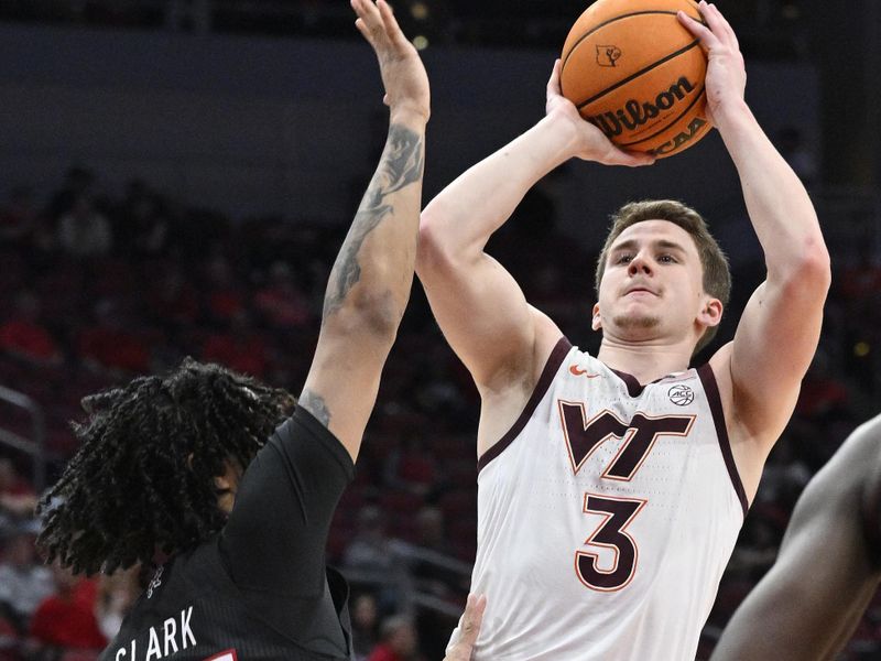 Mar 5, 2024; Louisville, Kentucky, USA; Virginia Tech Hokies guard Sean Pedulla (3) shoots against Louisville Cardinals guard Skyy Clark (55) during the first half at KFC Yum! Center. Virginia Tech defeated Louisville 80-64. Mandatory Credit: Jamie Rhodes-USA TODAY Sports