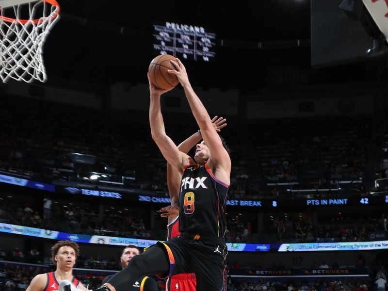 NEW ORLEANS, LA - APRIL 1:  Grayson Allen #8 of the Phoenix Suns drives to the basket during the game against the New Orleans Pelicans on April 1, 2024 at the Smoothie King Center in New Orleans, Louisiana. NOTE TO USER: User expressly acknowledges and agrees that, by downloading and or using this Photograph, user is consenting to the terms and conditions of the Getty Images License Agreement. Mandatory Copyright Notice: Copyright 2024 NBAE (Photo by Layne Murdoch Jr./NBAE via Getty Images)