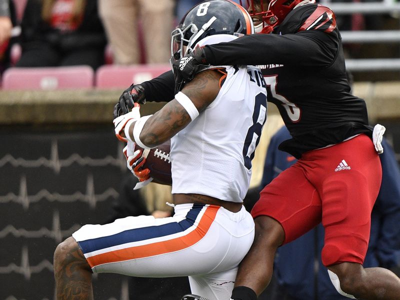 Oct 26, 2019; Louisville, KY, USA; Virginia Cavaliers wide receiver Hasise Dubois (8) catches the ball under the pressure of Louisville Cardinals defensive back Russ Yeast (3) during the first quarter of play at Cardinal Stadium. Mandatory Credit: Jamie Rhodes-USA TODAY Sports