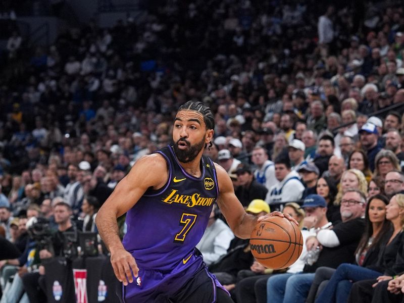 MINNEAPOLIS, MN - DECEMBER 2: Gabe Vincent #7 of the Los Angeles Lakers drives to the basket during the game against the Minnesota Timberwolves on December 2, 2024 at Target Center in Minneapolis, Minnesota. NOTE TO USER: User expressly acknowledges and agrees that, by downloading and or using this Photograph, user is consenting to the terms and conditions of the Getty Images License Agreement. Mandatory Copyright Notice: Copyright 2024 NBAE (Photo by Jordan Johnson/NBAE via Getty Images)