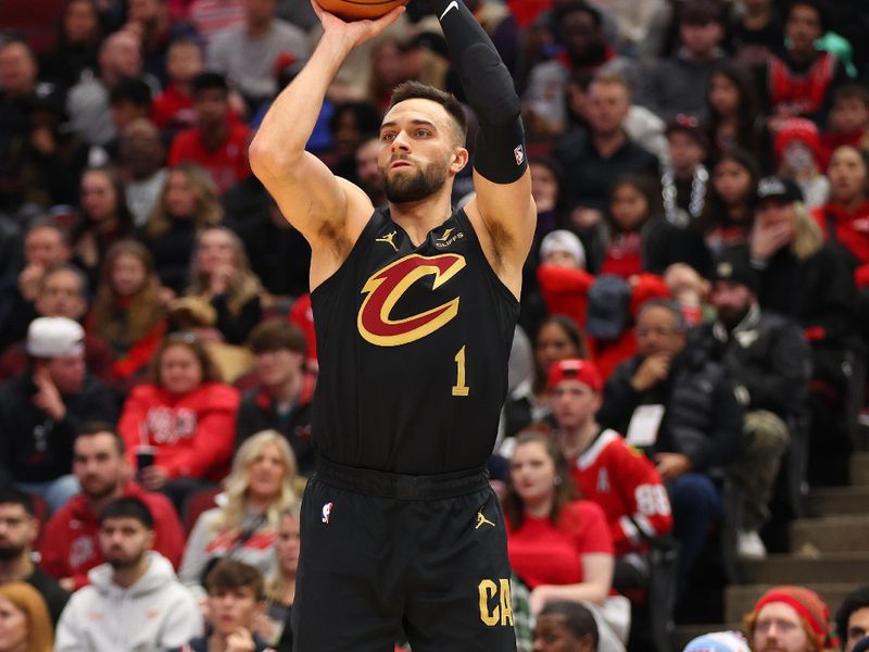 CHICAGO, ILLINOIS - DECEMBER 23: Max Strus #1 of the Cleveland Cavaliers shoots a three pointer against the Chicago Bulls during the first half at the United Center on December 23, 2023 in Chicago, Illinois. NOTE TO USER: User expressly acknowledges and agrees that, by downloading and or using this photograph, User is consenting to the terms and conditions of the Getty Images License Agreement.  (Photo by Michael Reaves/Getty Images)