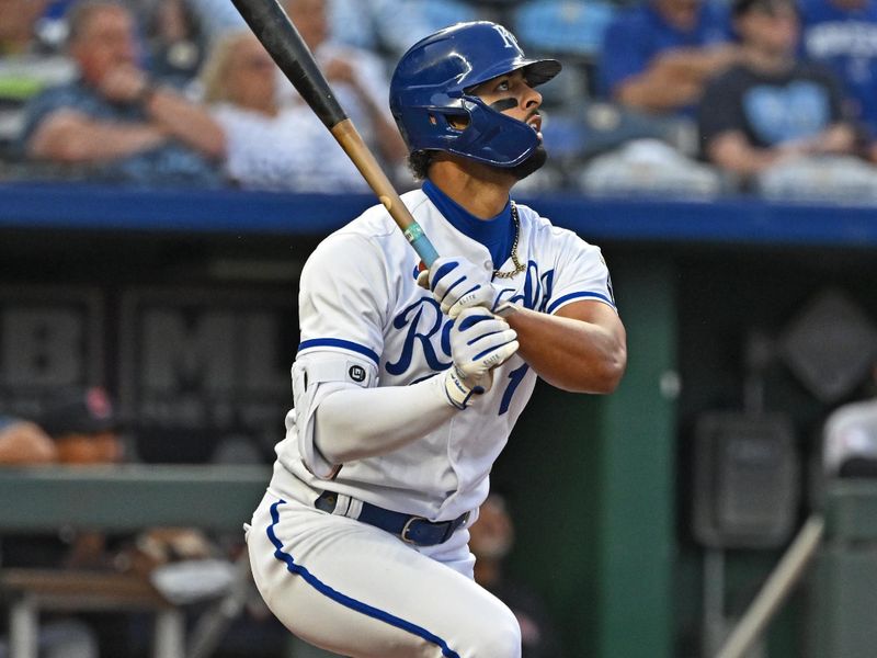 Sep 19, 2023; Kansas City, Missouri, USA; Kansas City Royals left fielder MJ Melendez (1) hits a two run home run in the first inning against the Cleveland Guardians at Kauffman Stadium. Mandatory Credit: Peter Aiken-USA TODAY Sports