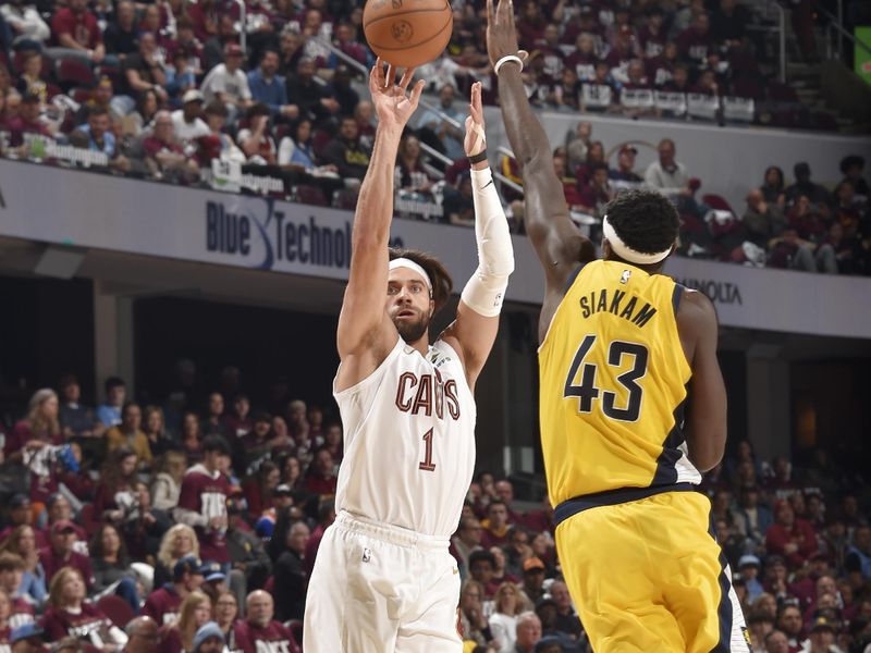 CLEVELAND, OH - MAY 4: Max Strus #1 of the Cleveland Cavaliers shoots a three point basket during the game against the Indiana Pacers during Round 2 Game 1 of the 2025 NBA Playoffs on May 4, 2025 at Rocket Arena in Cleveland, Ohio. NOTE TO USER: User expressly acknowledges and agrees that, by downloading and/or using this Photograph, user is consenting to the terms and conditions of the Getty Images License Agreement. Mandatory Copyright Notice: Copyright 2025 NBAE (Photo by David Liam Kyle/NBAE via Getty Images)