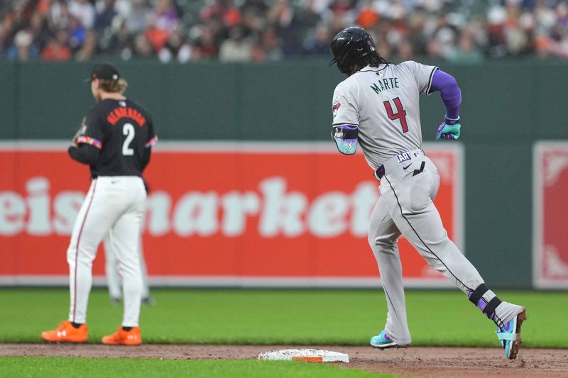 May 10, 2024; Baltimore, Maryland, USA; Arizona Diamondbacks second baseman Ketel Marte (4) rounds the bases following a solo home run in the third inning against the Baltimore Orioles at Oriole Park at Camden Yards. Mandatory Credit: Mitch Stringer-USA TODAY Sports