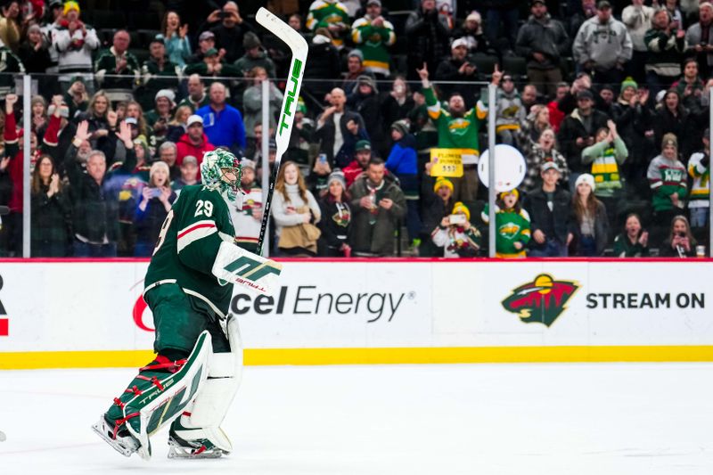 Jan 15, 2024; Saint Paul, Minnesota, USA; Minnesota Wild goaltender Marc-Andre Fleury (29) acknowledges the fans following the game where he passed former goalie Patrick Roy on the All-Time Wins list against the New York Islanders at Xcel Energy Center. Mandatory Credit: Brace Hemmelgarn-USA TODAY Sports