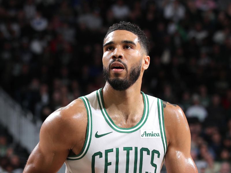 MILWAUKEE, WI - NOVEMBER 10: Jayson Tatum #0 of the Boston Celtics prepares to shoot a free throw during the game against the Milwaukee Bucks on November 10, 2024 at the Fiserv Forum Center in Milwaukee, Wisconsin. NOTE TO USER: User expressly acknowledges and agrees that, by downloading and or using this Photograph, user is consenting to the terms and conditions of the Getty Images License Agreement. Mandatory Copyright Notice: Copyright 2024 NBAE (Photo by Gary Dineen/NBAE via Getty Images).