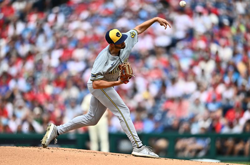 Jun 5, 2024; Philadelphia, Pennsylvania, USA; Milwaukee Brewers starting pitcher Aaron Ashby (26) throws a pitch against the Philadelphia Phillies in the first inning at Citizens Bank Park. Mandatory Credit: Kyle Ross-USA TODAY Sports