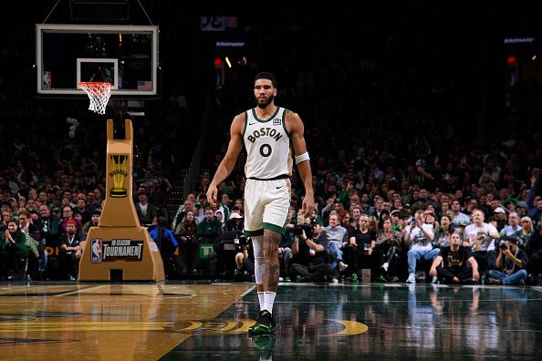 BOSTON, MA - NOVEMBER 10: Jayson Tatum #0 of the Boston Celtics stands on the court during the In-Season Tournament on November 10, 2023 at the TD Garden in Boston, Massachusetts. NOTE TO USER: User expressly acknowledges and agrees that, by downloading and or using this photograph, User is consenting to the terms and conditions of the Getty Images License Agreement. Mandatory Copyright Notice: Copyright 2023 NBAE  (Photo by Brian Babineau/NBAE via Getty Images)