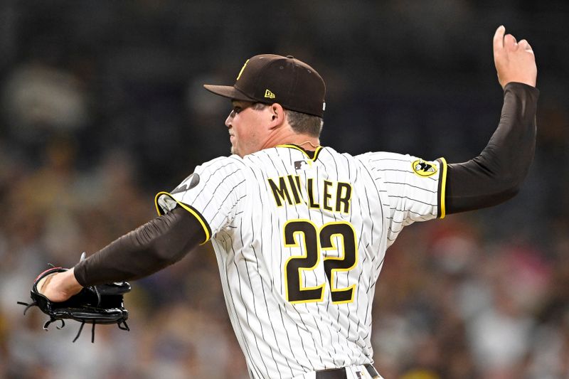 Sep 9, 2025; San Diego, California, USA; San Diego Padres relief pitcher Mason Miller (22) delivers during the eighth inning against the Cincinnati Reds at Petco Park. Mandatory Credit: Denis Poroy-Imagn Images