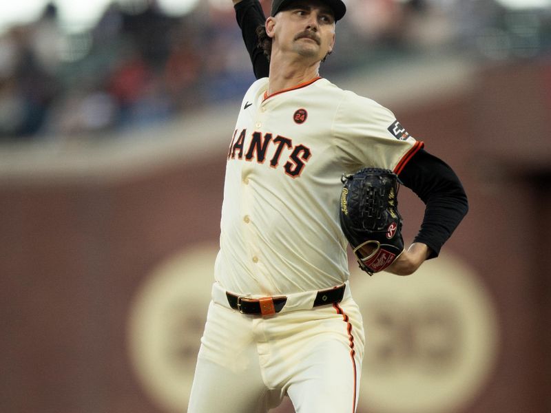 Aug 14, 2024; San Francisco, California, USA; San Francisco Giants pitcher Sean Hjelle (64) delivers a pitch against the Atlanta Braves during the second inning at Oracle Park. Mandatory Credit: D. Ross Cameron-USA TODAY Sports