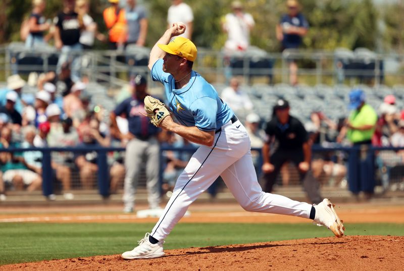 Mar 18, 2024; Port Charlotte, Florida, USA;  Tampa Bay Rays pitcher Jason Adams (43) throws a pitch during the fourth inning against the Atlanta Braves at Charlotte Sports Park. Mandatory Credit: Kim Klement Neitzel-USA TODAY Sports