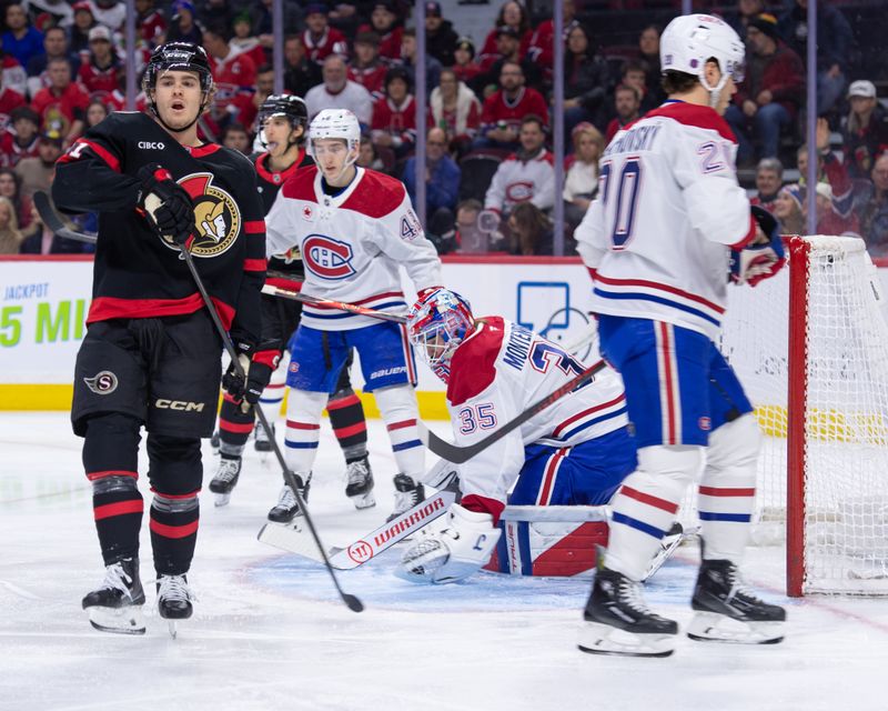 Jan 17, 2026; Ottawa, Ontario, CAN; Montreal Canadiens goalie Samuel Montembeault (35) makes a save in front of Ottawa Senators center Ridly Greig (71) in the first period at the Canadian Tire Centre. Mandatory Credit: Marc DesRosiers-IMAGN Images