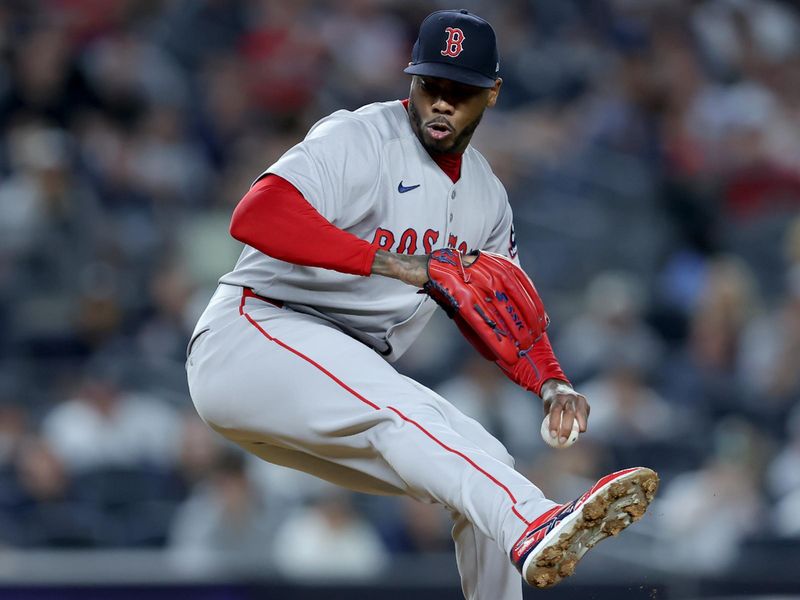 Jun 7, 2025; Bronx, New York, USA; Boston Red Sox relief pitcher Aroldis Chapman (44) pitches against the New York Yankees during the ninth inning at Yankee Stadium. Mandatory Credit: Brad Penner-Imagn Images