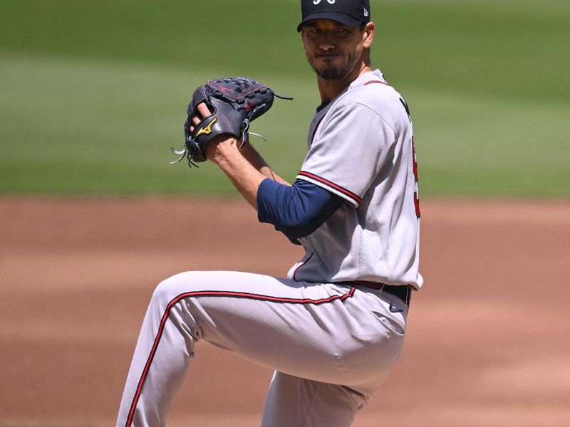 Apr 19, 2023; San Diego, California, USA; Atlanta Braves starting pitcher Charlie Morton (50) throws a pitch against the San Diego Padres during the first inning at Petco Park. Mandatory Credit: Orlando Ramirez-USA TODAY Sports