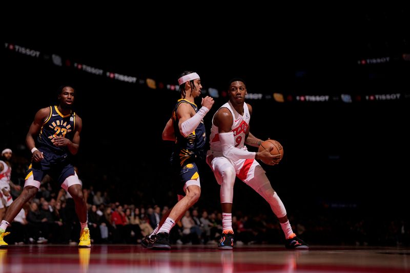 TORONTO, CANADA - APRIL 9: RJ Barrett #9 of the Toronto Raptors handles the ball during the game against the Indiana Pacers on April 9, 2024 at the Scotiabank Arena in Toronto, Ontario, Canada.  NOTE TO USER: User expressly acknowledges and agrees that, by downloading and or using this Photograph, user is consenting to the terms and conditions of the Getty Images License Agreement.  Mandatory Copyright Notice: Copyright 2024 NBAE (Photo by Mark Blinch/NBAE via Getty Images)