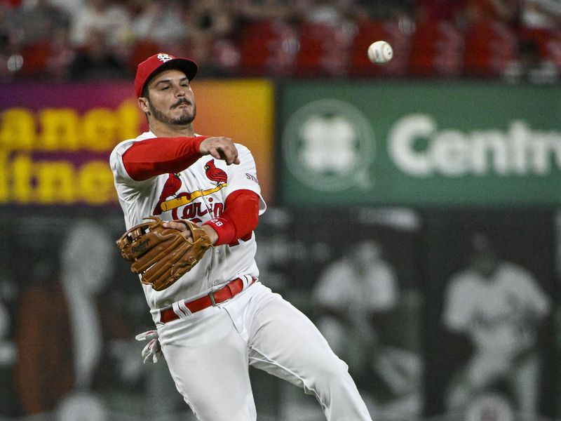 Aug 16, 2023; St. Louis, Missouri, USA;  St. Louis Cardinals third baseman Nolan Arenado (28) throws on the run against the Oakland Athletics during the ninth inning at Busch Stadium. Mandatory Credit: Jeff Curry-USA TODAY Sports