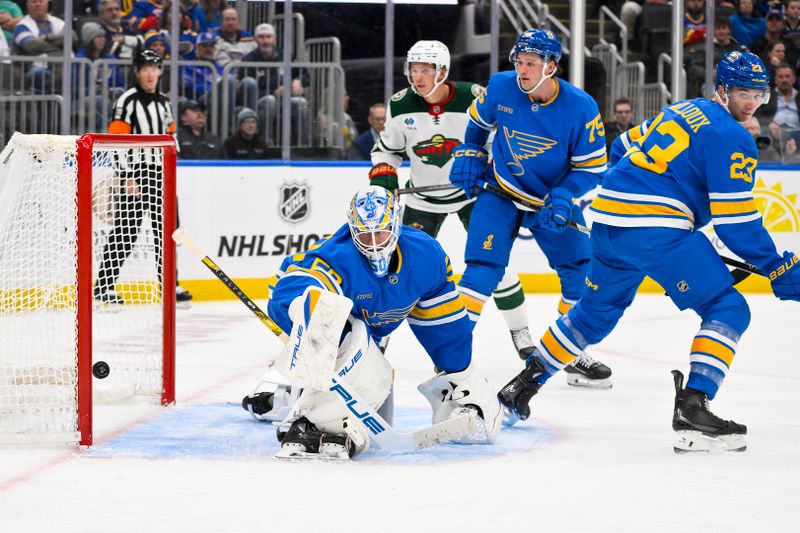 Oct 9, 2025; St. Louis, Missouri, USA; St. Louis Blues goaltender Jordan Binnington (50) gives up a goal to Minnesota Wild center Marco Rossi (not pictured) during the third period at Enterprise Center. Mandatory Credit: Jeff Curry-Imagn Images