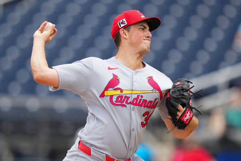 Mar 4, 2025; West Palm Beach, Florida, USA; St. Louis Cardinals pitcher Michael McGreevy (36) throws a pitch against the Washington Nationals during the first inning at CACTI Park of the Palm Beaches. Mandatory Credit: Rich Storry-Imagn Images