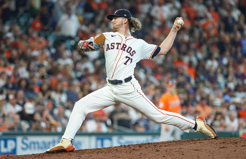 Jun 22, 2024; Houston, Texas, USA; Houston Astros relief pitcher Josh Hader (71) delivers a pitch during the ninth inning against the Baltimore Orioles at Minute Maid Park. Mandatory Credit: Troy Taormina-USA TODAY Sports