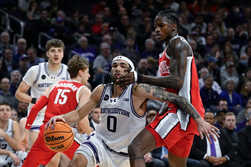 Jan 27, 2024; Evanston, Illinois, USA; Ohio State Buckeyes center Felix Okpara (34) fouls Northwestern Wildcats guard Boo Buie (0) during the second half  at Welsh-Ryan Arena. Mandatory Credit: Matt Marton-USA TODAY Sports